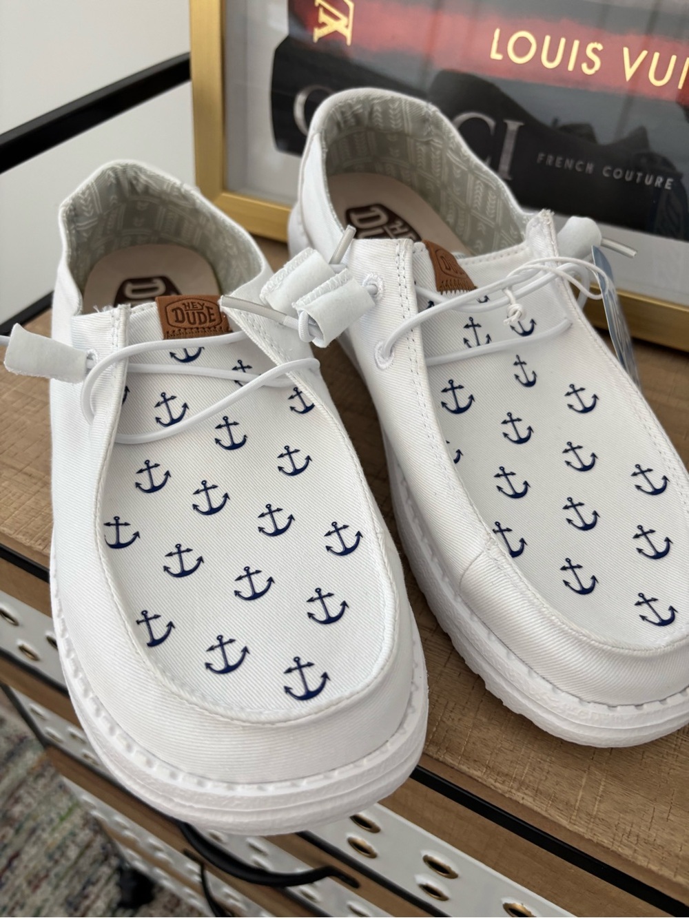 Hey Dude Wally Anchors Canvas Boat Shoes - White and Navy Women’s size 8